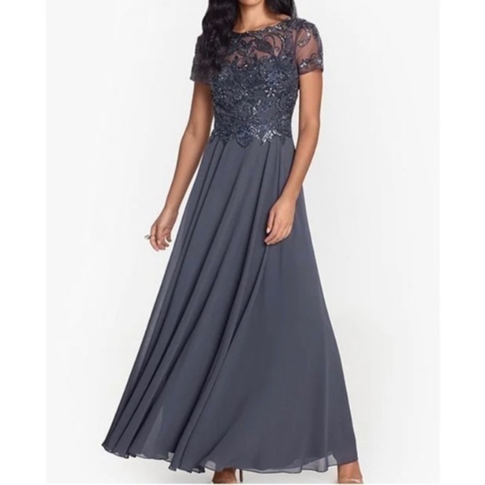 Xscape Beaded Bodice Embellished Short Sleeve Chiffon Gown in Charcoal Size 16